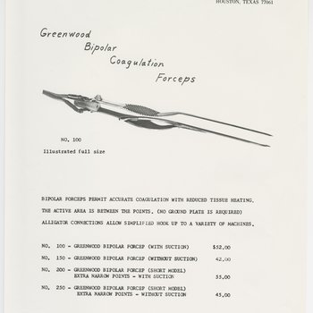 Bulletin for Greenwood Bipolar Coagulation Forceps, circa 1960-1970