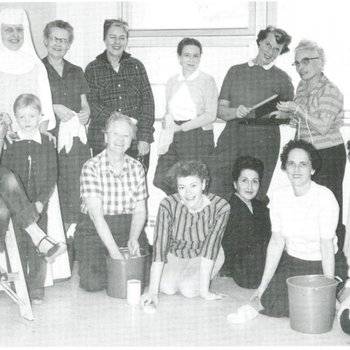 Trinity Hospital Auxiliary, cleaning for opening day of new hospital, 1958
