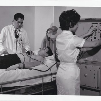 "Patient" undergoing cardiac monitoring, 1966