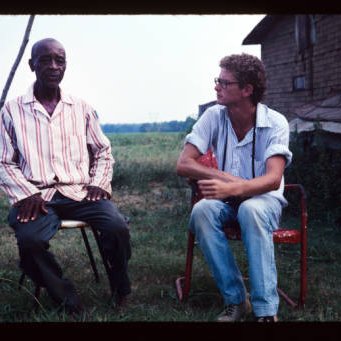 Folklorist Robert Jeffrey (right) interviewing Ed Harris (left) in Fayette County.