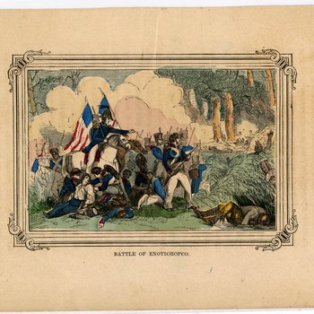 Engraving titled "Battle of Enotichopco [sic]"