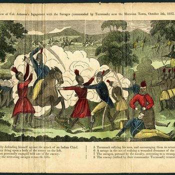 Woodcut of "A View of Col. Johnson's Engagement with the Savages (commanded by Tecumseh) near the Moravian Town, October 5th, 1812"