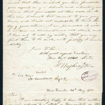 Letter from George Washington to Return Jonathan Meigs, Sr., 1780 (front)