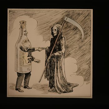 Grim reaper shaking hands with alcohol bottle