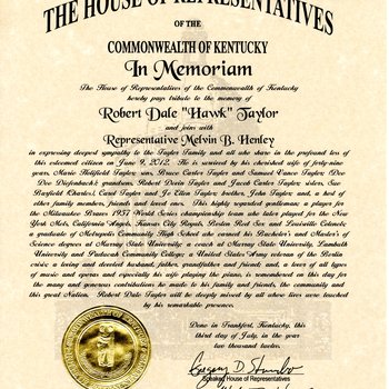 2012 Kentucky Memorial Resolution in Honor of Bob "Hawk" Taylor