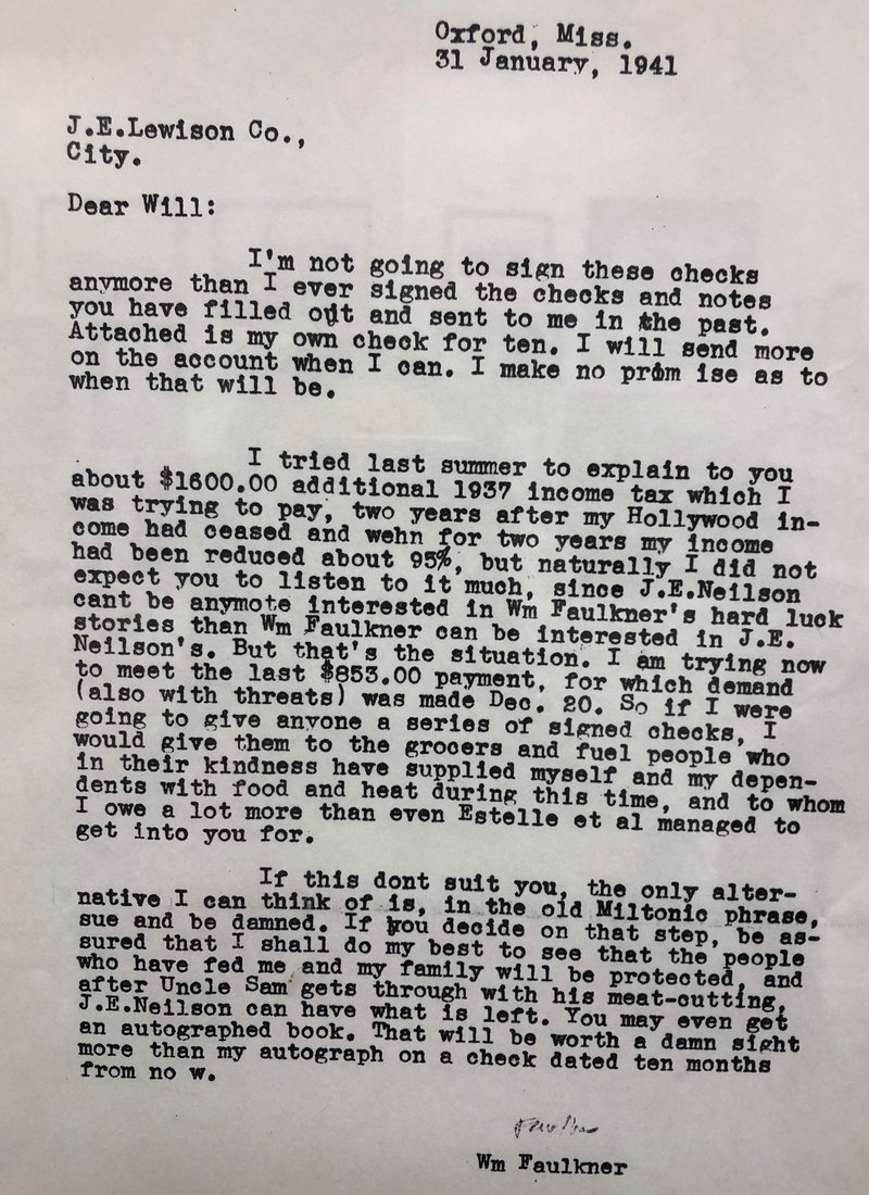 Letter from William Faulkner to "Will" at J. E. Lewison Co. (ba35a5119aea70bccc958e8e2a52e98d)
