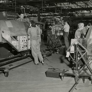 Workers assembling P-38 Lightning fighters at the Vultee Aircraft Corporation factory, Nashville, TN