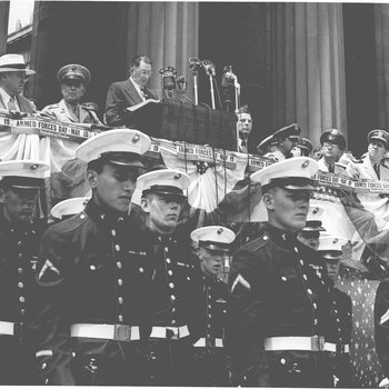 Gov. Gordon Browning & Gen. Clifton B. Cates (both standing to left of podium) reviewing troops for Armed Forces Day Nashville, TN, May 19, 1951