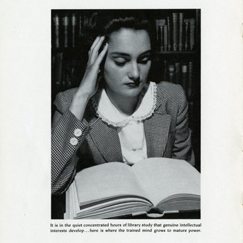 1948 Student Depicted in Viewbook Reading in Guzman Library