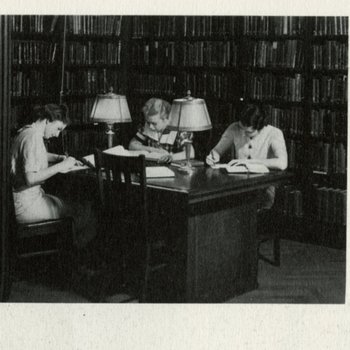 1936 Viewbook Publication Depicting Students in Group Study Corrals in Guzman Library