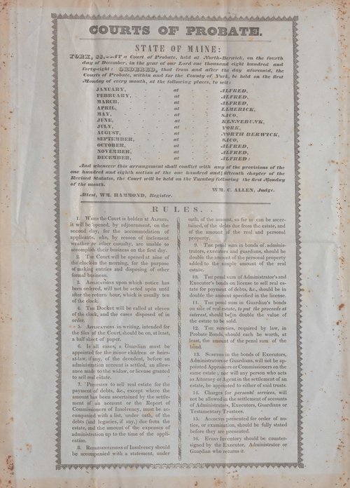 1848 Schedule and List of Rules for the Probate Courts of York County, Maine (4b493d4495102302e6c11f0cc2db149b)