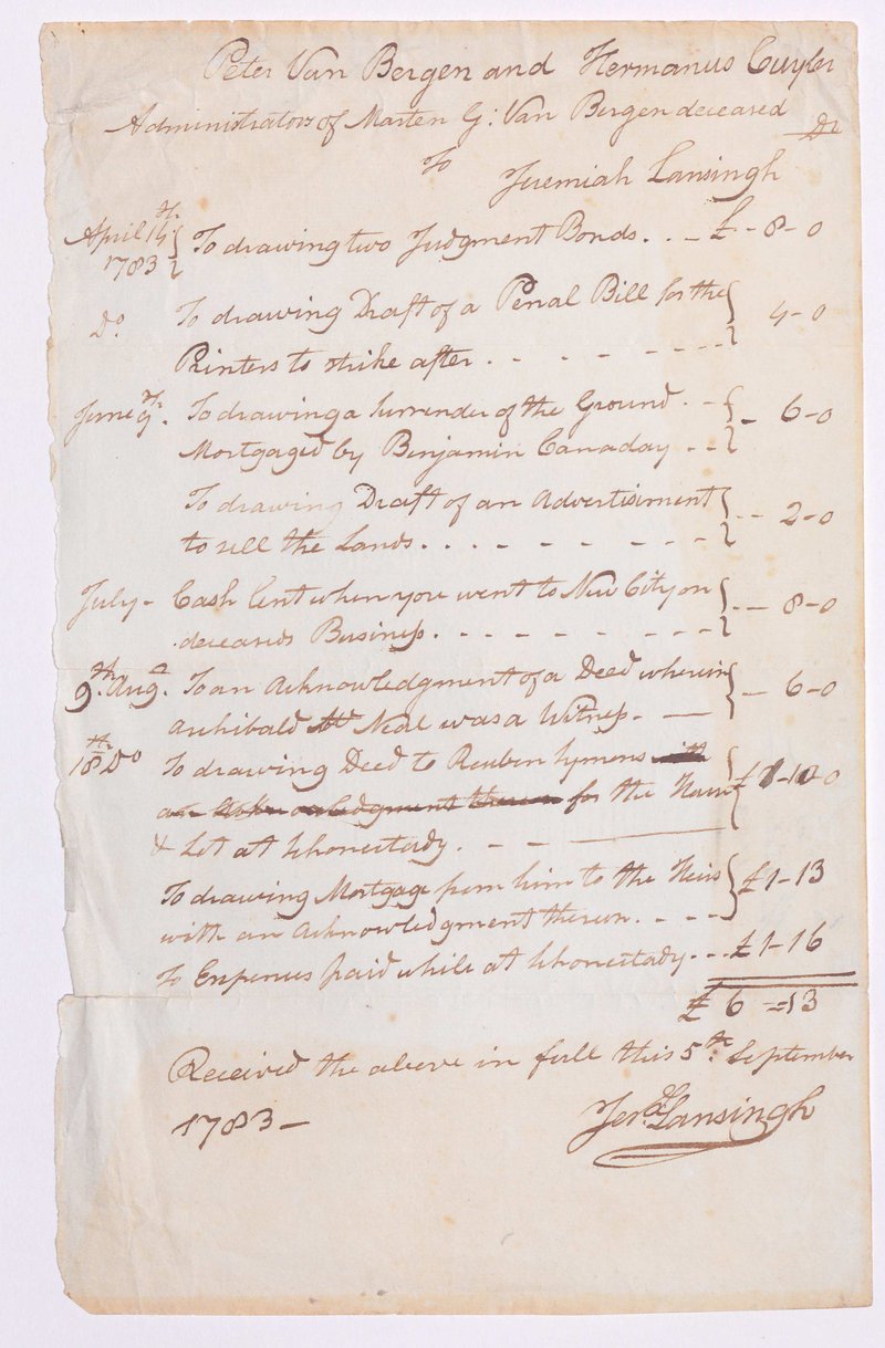 A Receipt for Legal Services, Schenectady County, 1783 (b3484f4e8790185f9ec4a4d6f8acb01a)