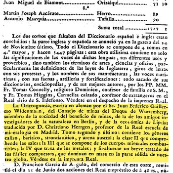 Figura 1. Folio 559 de la Gaceta de Madrid, 1798. Resaltado en amarillo el conceptode orictognosia. (Edición electrónica del Boletín Oficial del Estado, 2023).