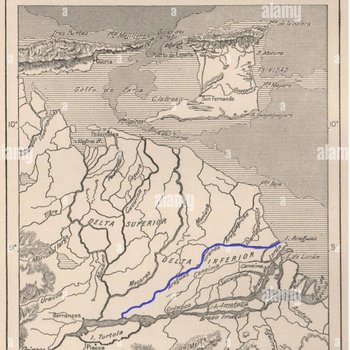 Figura 4. Mapa del Delta del Orinoco, del año 1885. Con línea azul se señala el cursodel caño Araguao (Fuente desconocida. Imagen tomada de www.alamy.com).