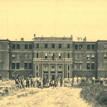 Construction of Russ Hall - Postcard