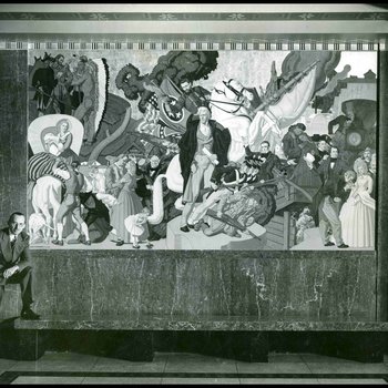 Artist Dean Cornwell with his mural Discovery in the John Sevier Building, 1941