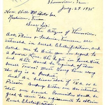 Letter to Governor Hill McAlister from H.E. Pace of Thomasville, Tenn., 1935