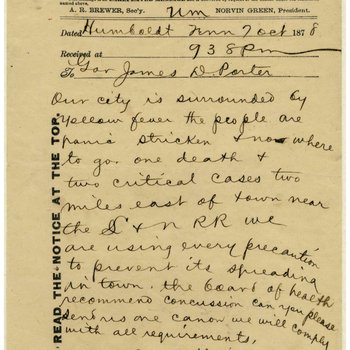 Telegram to Governor James D. Porter from Mayor J.C. Hailey of Humboldt, Tenn., 1878