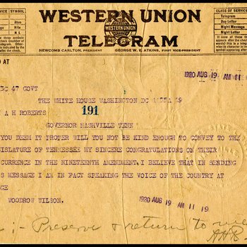 Telegram to Governor Albert H. Roberts from President Woodrow Wilson, 1920