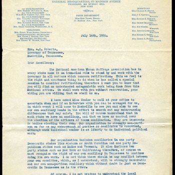Letter to Governor Albert H. Roberts from Carrie Chapman Catt, president of the National American Woman Suffrage Association, 1920, page 1