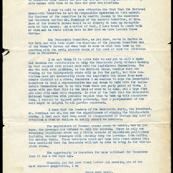 Letter to Governor Albert H. Roberts from Carrie Chapman Catt, president of the National American Woman Suffrage Association, 1920, page 2