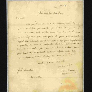 Letter to Governor Sam Houston from Sam Brown of Philadelphia, Penn., 1827