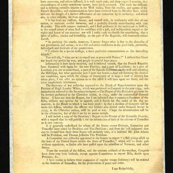 Circular to Governor John Sevier from Senator William Blount, 1796, page 1