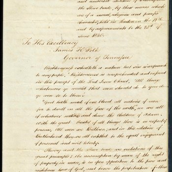 Letter to Governor Polk from Thomas Clarkson, president of the Convention of Friends of the Negro from the British & Foreign Anti-Slavery Society, 1840, page 1