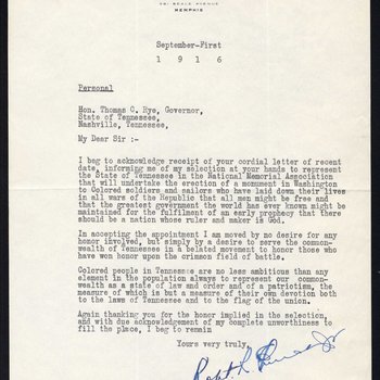 Letter to Governor Thomas Rye from community leader Robert Church, Jr., 1916