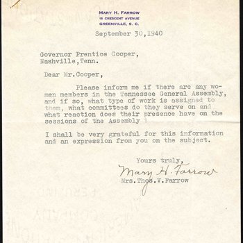Letter to Governor Prentice Cooper from Mary H. Farrow of South Carolina, 1940