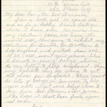 Letter to Governor Prentice Cooper from Arlene Gates of White Plains, New York, 1940