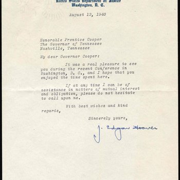 Letter to Governor Prentice Cooper from FBI Director J. Edgar Hoover, 1940