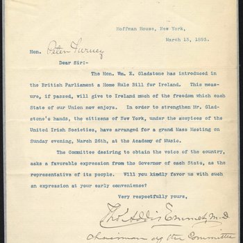 Letter to Governor Peter Turney from Thomas Addis Emmet, committee chairman for United Irish Societies, 1893