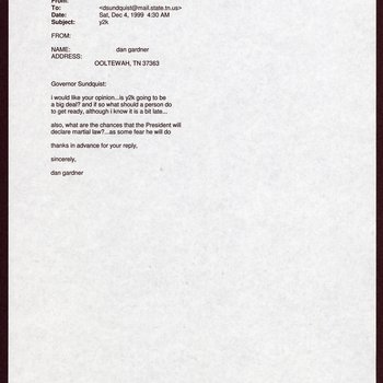 Letter to Governor Don Sundquist from Dan Gardner of Ooltewah, Tenn., 1999