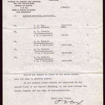 Letter to Governor Henry Horton from Keeper of the Archives, P.E. Cox, 1931, page 6