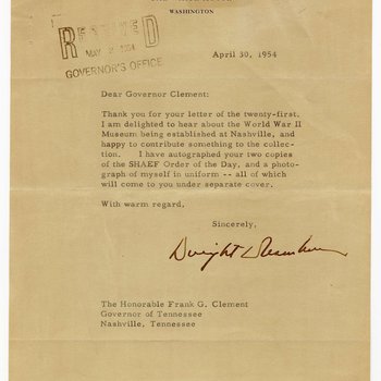 Letter to Governor Frank Clement from President Dwight Eisenhower, 1954.