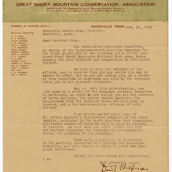 Letter to Governor Austin Peay from David Chapman, Chair of the Great Smoky Mountain Conservation Association, 1925