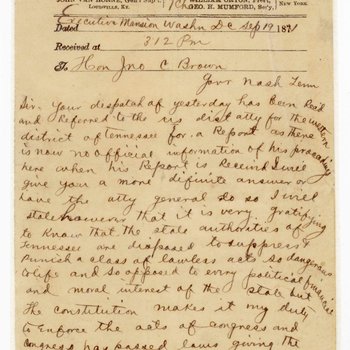 Telegram to Governor John C. Brown from President Ulysses S. Grant, 1871, page 1