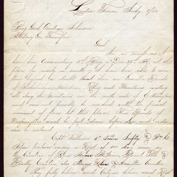 Letter to Military Governor Andrew Johnson from M.L. Patterson of Loudon, Tenn., 1864, page 1