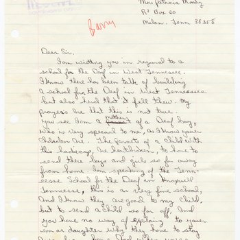 Letter to Governor Winfield Dunn from Patricia Moody of Milan, Tenn., 1973, page 1
