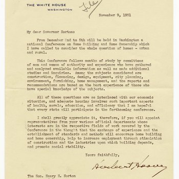Letter to Governor Henry Horton from President Herbert Hoover, 1931