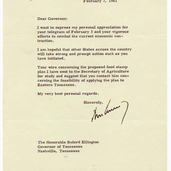 Letter to Governor Buford Ellington from President John F. Kennedy, 1961