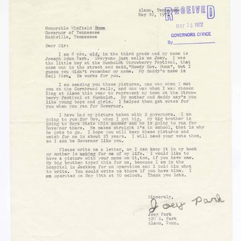 Letter to Governor Winfield Dunn from Joey Park of Alamo, Tenn., 1972