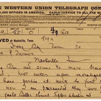 Telegram to Governor Peter Turney from State Adjutant General John A. Fite, 1893, page 1
