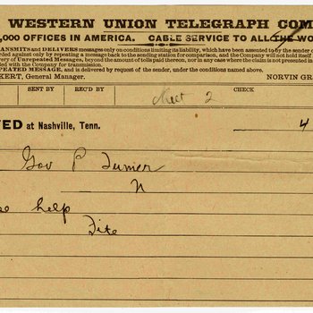 Telegram to Governor Peter Turney from State Adjutant General John A. Fite, 1893, page 2