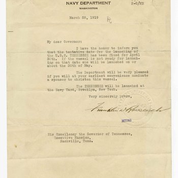 Letter to Governor Albert H. Roberts from Acting Secretary of the Navy Franklin D. Roosevelt, 1919