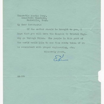 Letter to Governor Austin Peay from Ernest Rice of Dyersburg, 1923