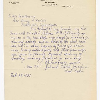 Letter to Governor Henry Horton from Juliana Fisher Joscelyn of Nashville expressing her opposition to the Sunday Moving Pictures Bill, 1931