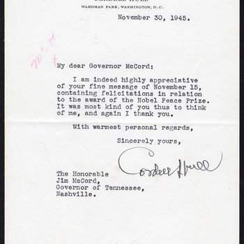 Letter to Governor Jim McCord from U.S. Secretary of State Cordell Hull thanking him for the letter regarding the Nobel Peace Prize, 1945