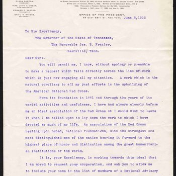 Letter to Governor James B. Frazier from American Red Cross founder Clara Barton, 1903, page 1